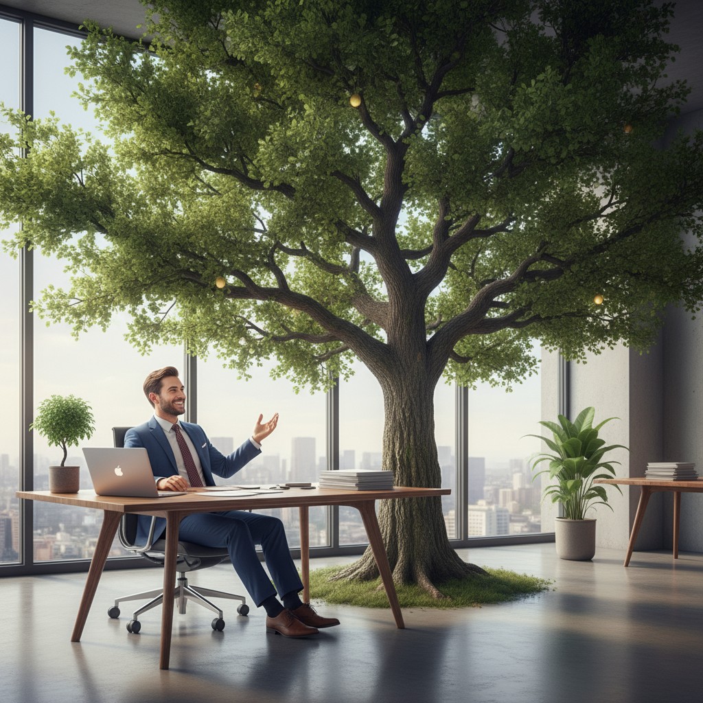 Immagine di un manager seduto in ufficio con un albero enorme che spunta nella stanza
